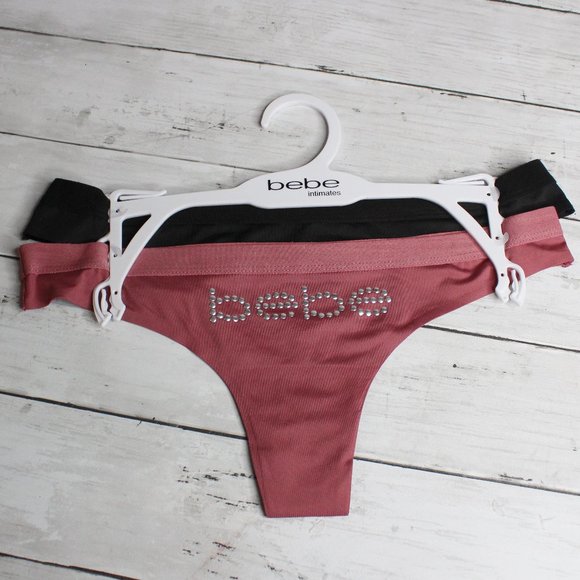 bebe Intimates Women's Thong Panties Size M Sexy Studded Black Pink - Picture 1 of 9